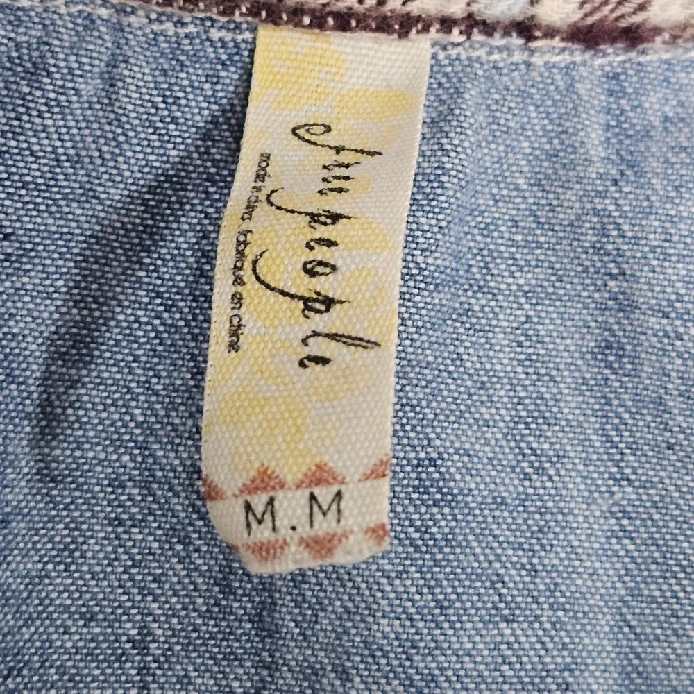Free People Plaid Denim Back Shirt Medium Cream Blue‎ Patchwork Grunge 2010s
